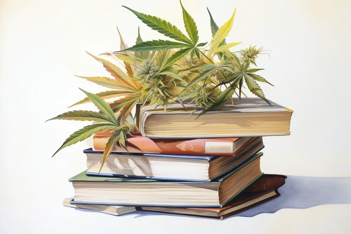 Eine Pflanze, die viele Namen hat, Cannabis, liegt auf farbenfrohen Büchern, die das Lesen interessant machen.